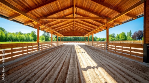 wooden covered equestrian arena with sand flooring and natural light.