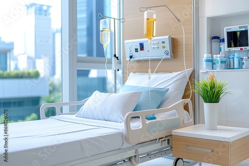 Modern hospital room with a clean bed, IV drip, medical equipment, and a cozy atmosphere. Bright and professional healthcare setting.