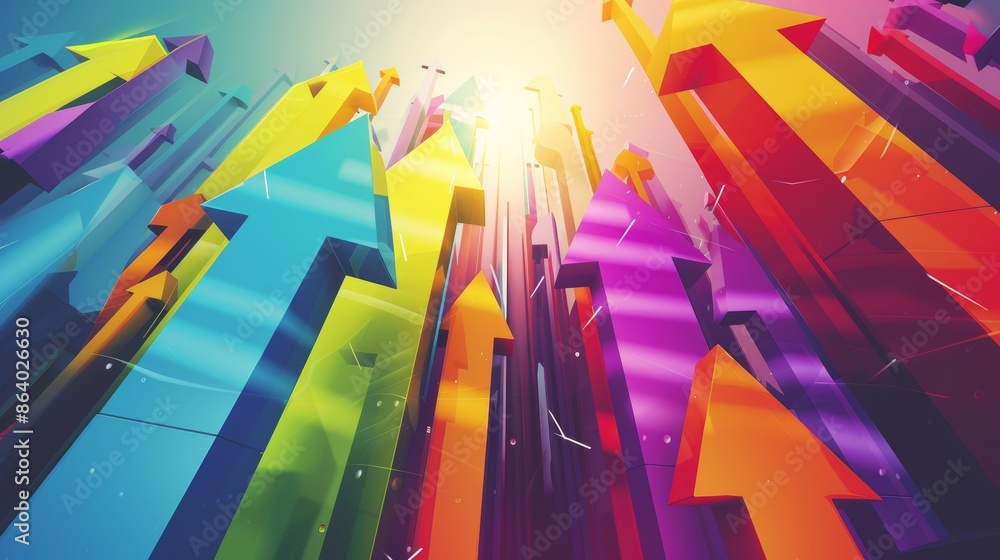 Fototapeta premium Vibrant arrows pointing upwards, symbolizing growth and progress, dynamic composition, bright colors, sleek and modern design