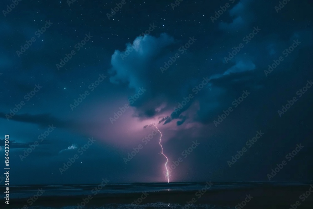 Fototapeta premium A single lightning bolt in a clear night sky, symbolizing sudden flashes of inspiration and ideas. 