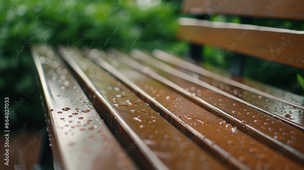 Fototapeta premium Wooden bench in a tranquil park, sparkling with dewdrops, surrounded by greenery, serene and calming ambiance, detailed textures