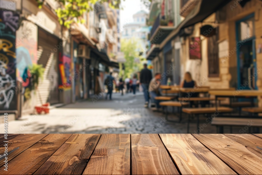 A wooden table in the foreground with a blurred background of an urban street cafe. The background features outdoor seating, pedestrians walking by, street art on nearby buildings. A wooden table in the foreground with a blurred background of an urban street cafe. The background features outdoor seating, pedestrians walking by, street art on nearby buildings.