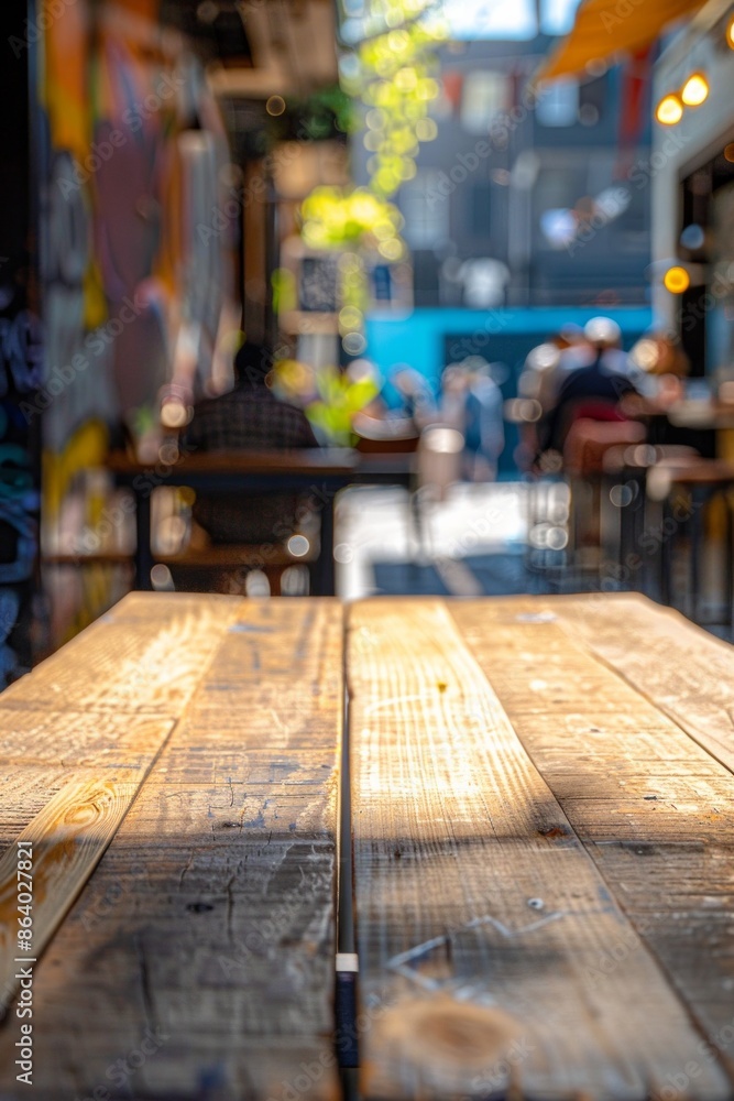 A wooden table in the foreground with a blurred background of an urban street cafe. The background features outdoor seating, pedestrians walking by, street art on nearby buildings. A wooden table in the foreground with a blurred background of an urban street cafe. The background features outdoor seating, pedestrians walking by, street art on nearby buildings.