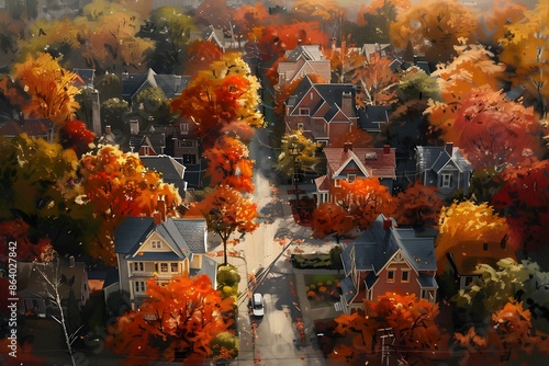 American Dream, aerial view of picturesque suburban neighborhood, vibrant autumn foliage, cozy houses with white picket fences, digital oil painting, warm and inviting atmosphere