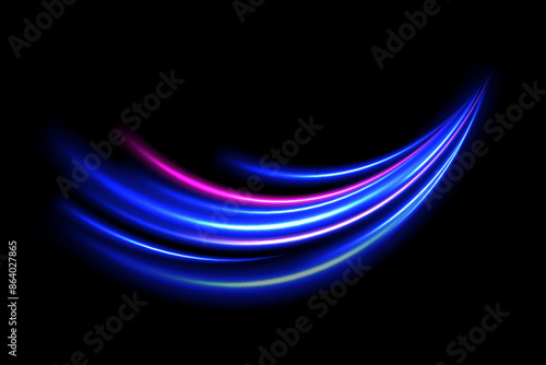 Neon color glowing lines background, high-speed light trails effect. Modern abstract high-speed light motion effect on black background. Light motion effect, slow shutter of traffic.