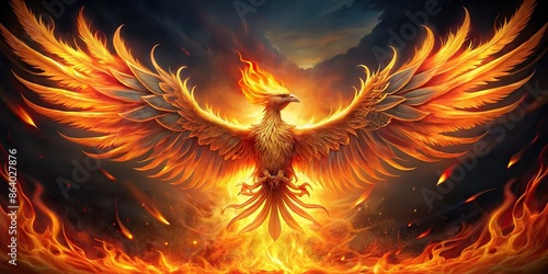 Majestic phoenix rising from the flames, mythical, fire, rebirth, wings, mystical, bird, fantasy, legendary © guntapong