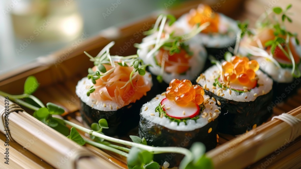 Close-Up of Sushi Rolls with Salmon, Red Caviar and Microgreens Close-Up of Sushi Rolls with Salmon, Red Caviar and Microgreens