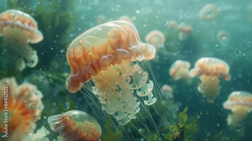 Jellyfish is swimming in the water with blue background. Colorful jellyfish are moving under the sea