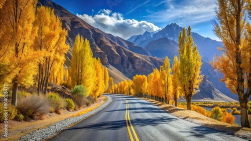 Serenity of an asphalt road winding through colorful Himalayan autumn landscape, flanked by golden poplar trees, serene