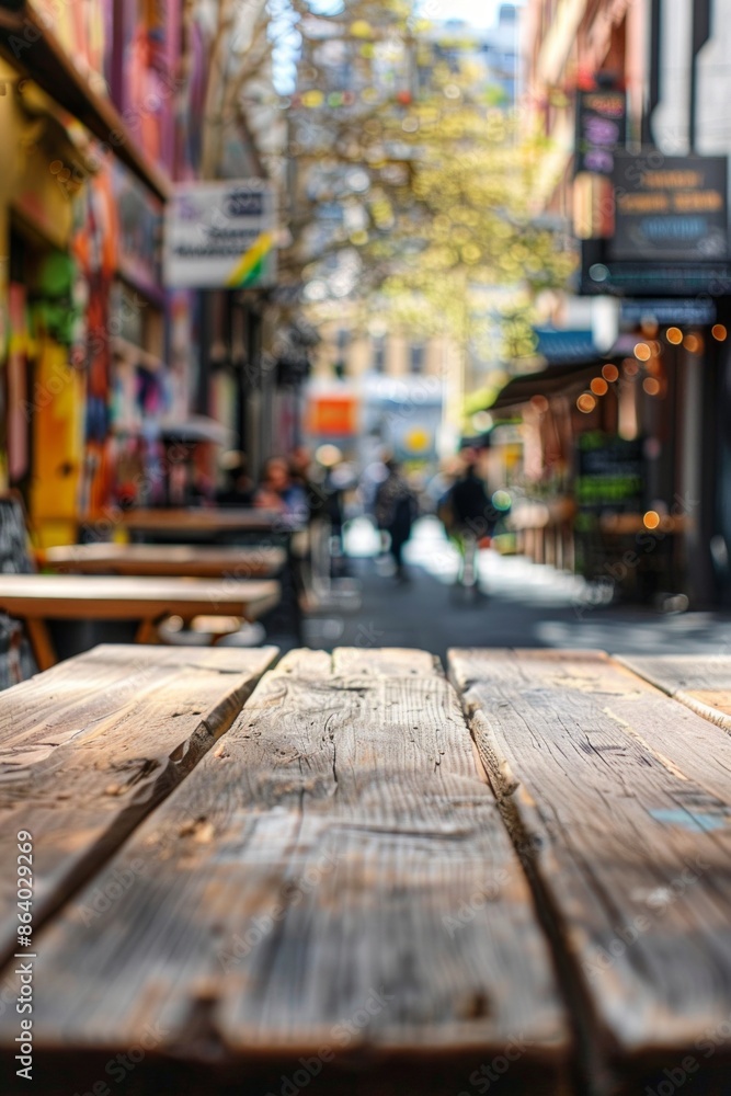Fototapeta premium A wooden table in the foreground with a blurred background of an urban street cafe. The background features outdoor seating, pedestrians walking by, street art on nearby buildings.