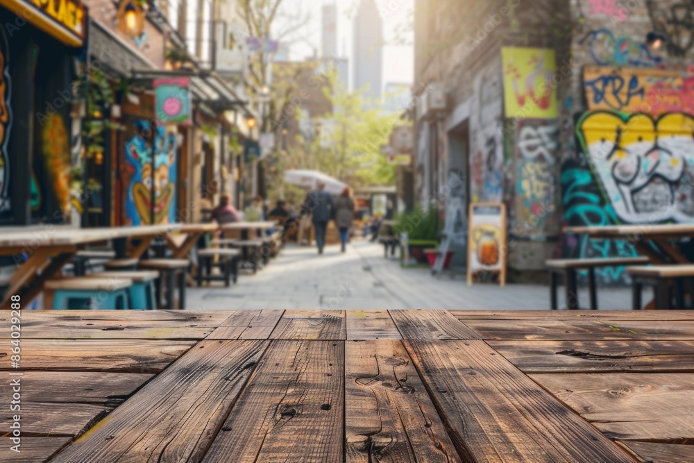 Fototapeta premium A wooden table in the foreground with a blurred background of an urban street cafe. The background features outdoor seating, pedestrians walking by, street art on nearby buildings.