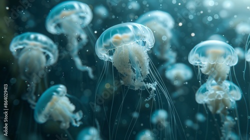 Jellyfish is swimming in the water with blue background. Colorful jellyfish are moving under the sea