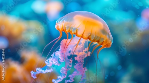 Jellyfish is swimming in the water with blue background. Colorful jellyfish are moving under the sea