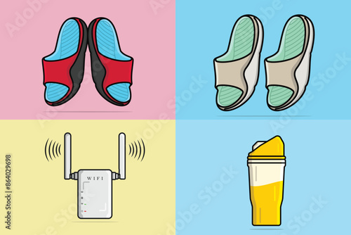 Set of Router with Juice and Comfortable Orthotics Shoe Insole Pair, Arch Supports vector illustration—fashion object icon concept.