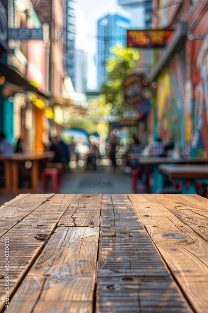 Obraz premium A wooden table in the foreground with a blurred background of an urban street cafe. The background features outdoor seating, pedestrians walking by, street art on nearby buildings.