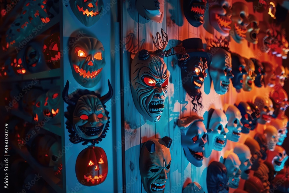 Fototapeta premium A wall displaying various Halloween masks, each with unique and frightening designs, illuminated by dim, spooky lighting
