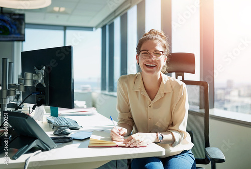 Obraz na płótnie Laugh, woman and desk for notes, fun and paperwork with window in office for scheduling