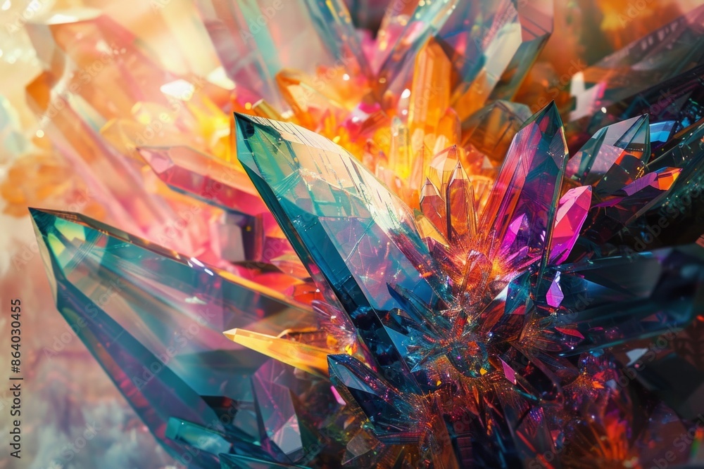 Colorful crystal fractals emerging from a surface, symbolizing the complex and repeating patterns of creative thought Colorful crystal fractals emerging from a surface, symbolizing the complex and repeating patterns of creative thought