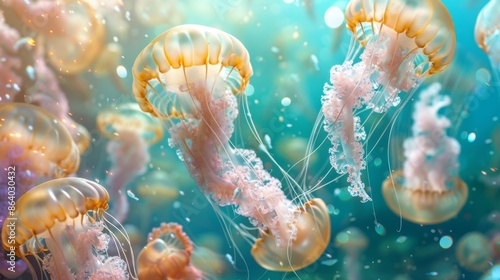 Jellyfish is swimming in the water with blue background. Colorful jellyfish are moving under the sea