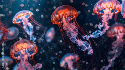 Jellyfish is swimming in the water with blue background. Colorful jellyfish are moving under the sea