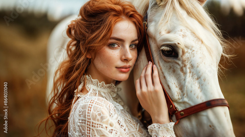 Elegant Redhead Woman in Lace Dress Embracing White Horse in Countryside - Timeless Portrait of Beauty and Grace photo