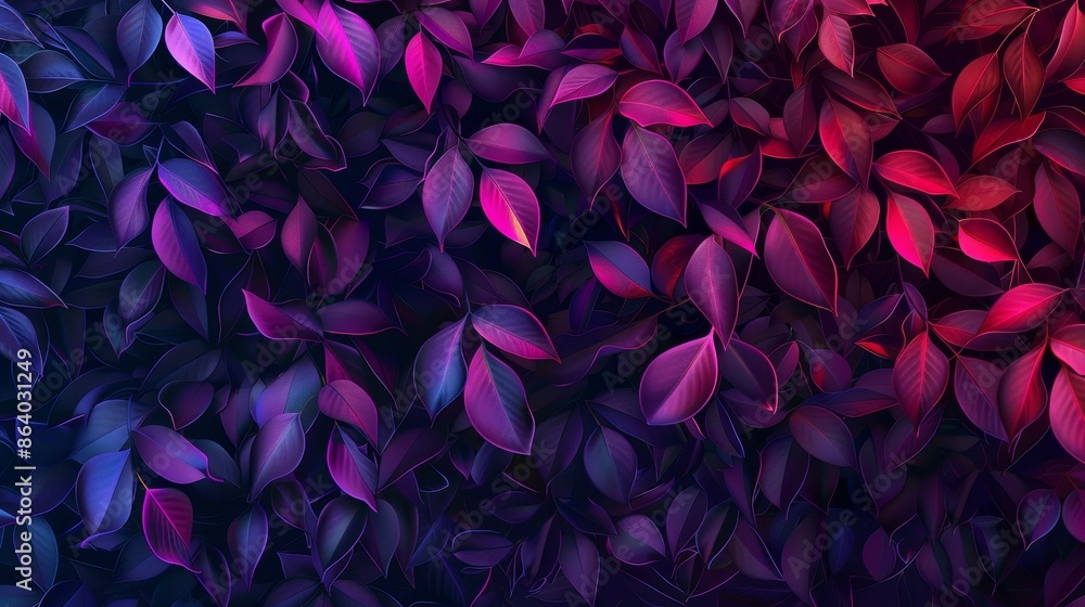 Dynamic wallpaper with cascading tree leaves neon highlights and violet to pink gradient