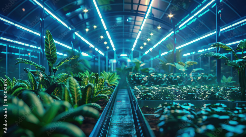 Naklejka premium A greenhouse with holographic displays of plant data, futuristic, neon lights, smart gardening.