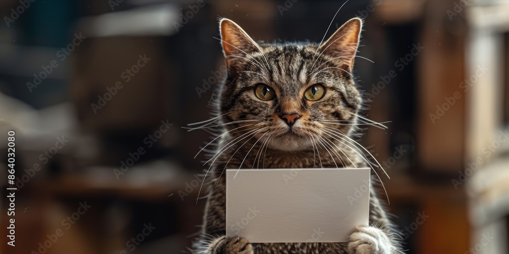 Generate a high-resolution image of a cat holding a blank card, ready for a personalized message Generate a high-resolution image of a cat holding a blank card, ready for a personalized message
