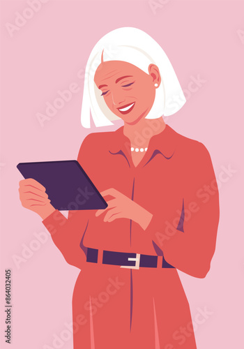 Happy elderly woman planning day with tablet. Person standing and sending messages. Smiling teacher using education app. Vector flat illustration