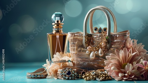 Generate an image of a fashionable shopping bag with high-end accessories like jewelry, shoes, and a perfume bottle photo
