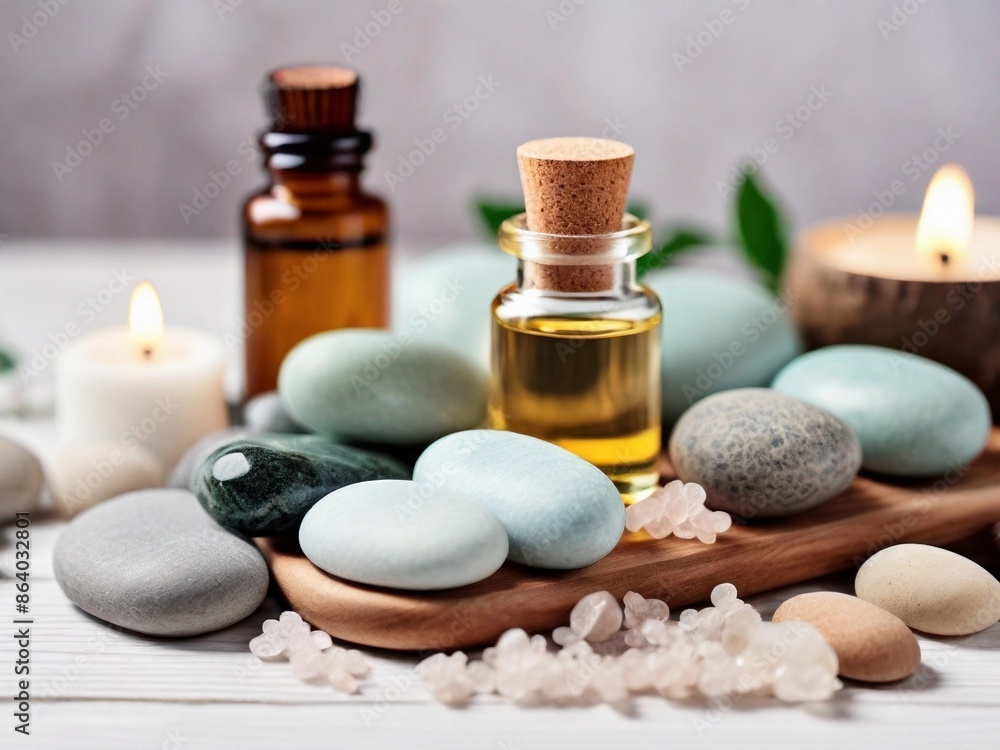 Relaxing Spa Procedure Items Massage Stones, Oils, and Sea Salt Relaxing Spa Procedure Items Massage Stones, Oils, and Sea Salt