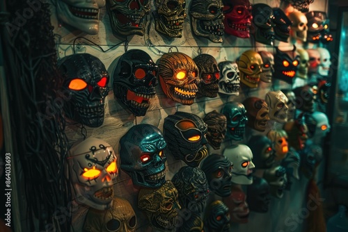 A wall displaying various Halloween masks, each with unique and frightening designs, illuminated by dim, spooky lighting