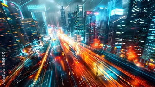 Futuristic Neon-Lit Metropolis with Blurred Traffic Lights and Towering Skyscrapers © TEN.POD