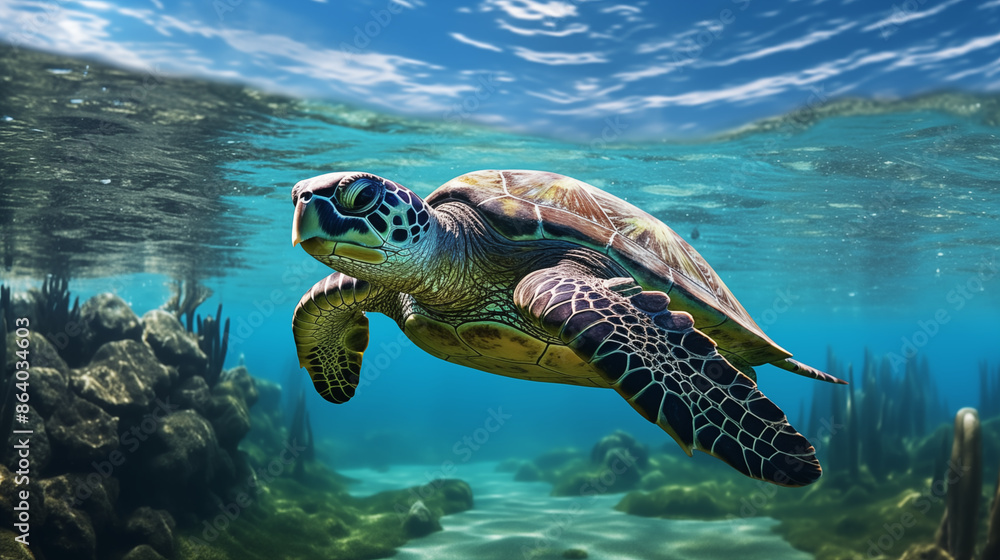 Fototapeta premium Sea turtle swimming gracefully.