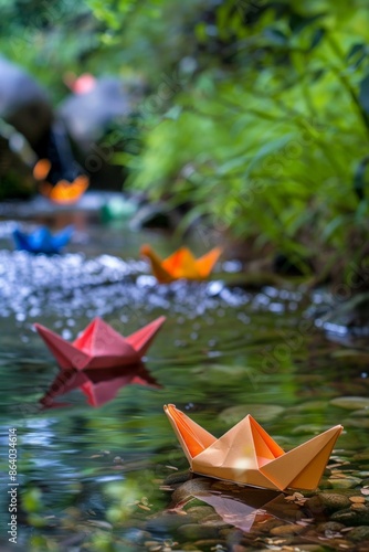 Origami boats floating down a clear stream, symbolizing the journey and exploration of new ideas. 
