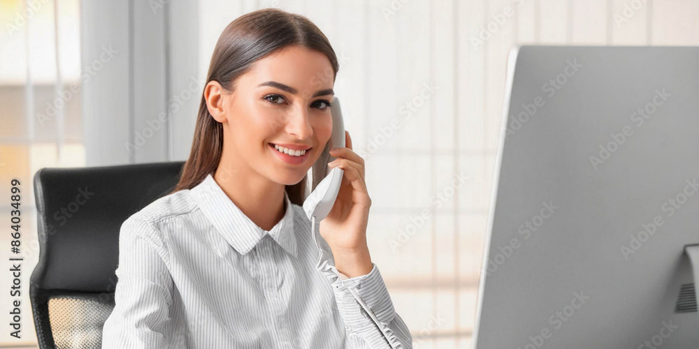 Young woman smiling pretty receptionist talking on phone in office Young woman smiling pretty receptionist talking on phone in office