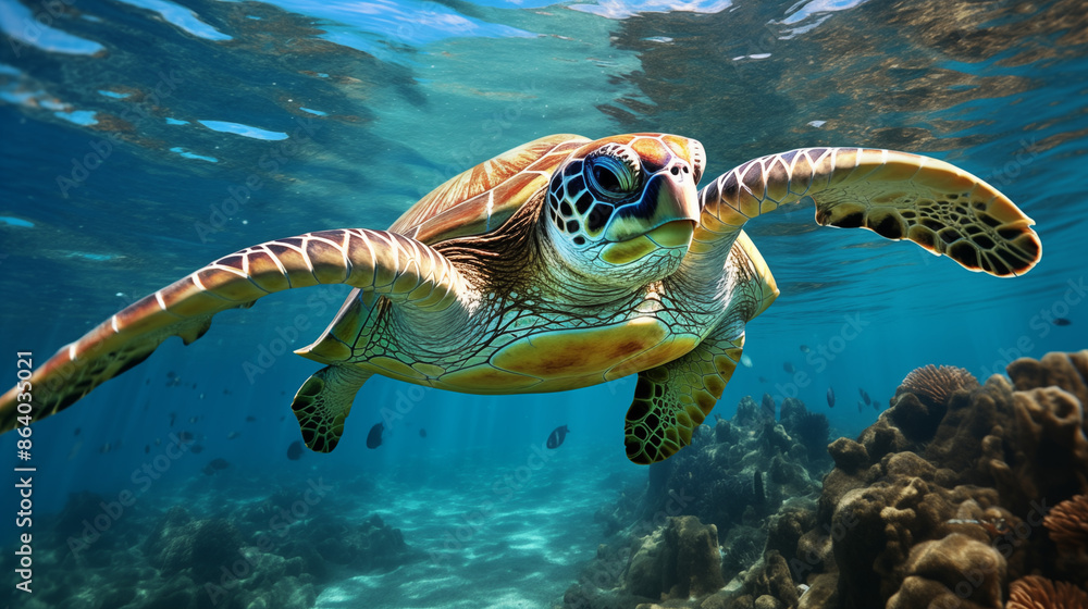 Obraz premium Sea turtle swimming gracefully.