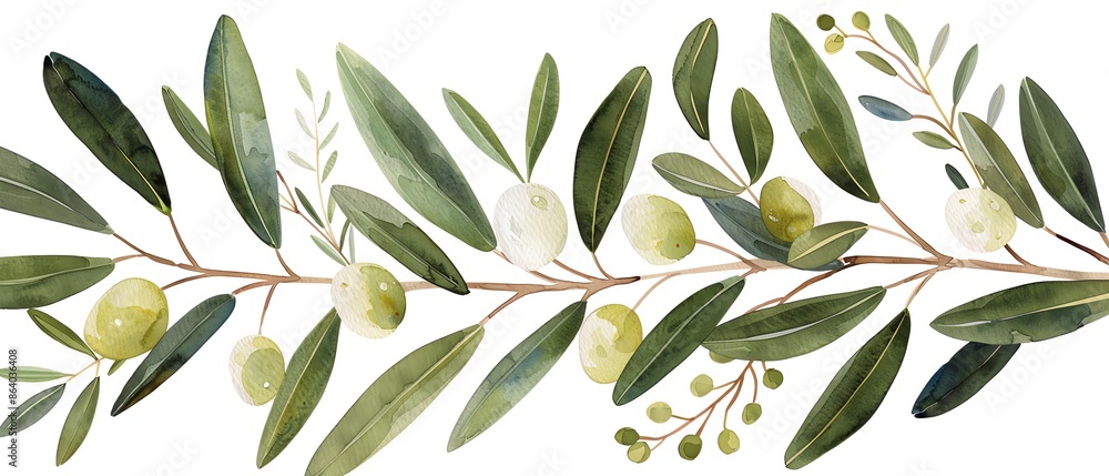 Watercolor of an olive branch with green olives and leaves, olive branch watercolor, Mediterranean plant Watercolor of an olive branch with green olives and leaves, olive branch watercolor, Mediterranean plant