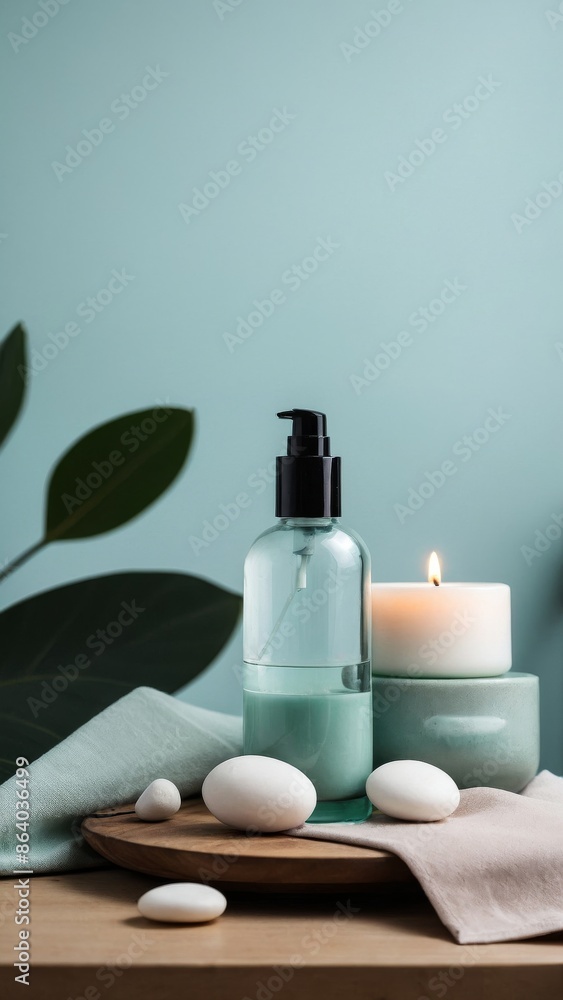Cosmetology still life. Beauty salon concept. Round stones, bottles with products, creams, candles, and towels. Cosmetology still life. Beauty salon concept. Round stones, bottles with products, creams, candles, and towels.