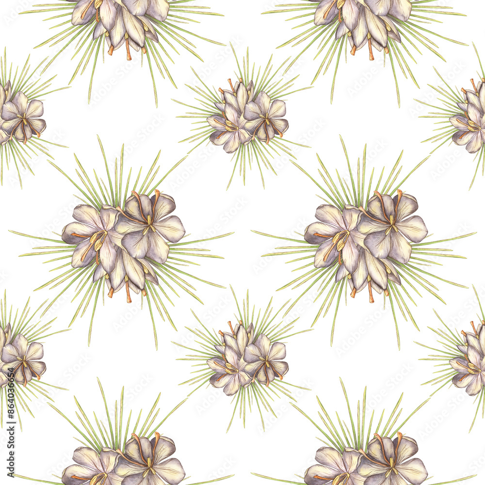 Seamless pattern with purple saffron and greenery flowers. Watercolor crocus flowers. Stamens. A spring flower painted in watercolor on a white background. Food, spices,perfumes, cosmetology, spa Seamless pattern with purple saffron and greenery flowers. Watercolor crocus flowers. Stamens. A spring flower painted in watercolor on a white background. Food, spices,perfumes, cosmetology, spa