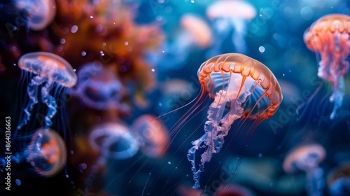 Jellyfish is swimming in the water with blue background. Colorful jellyfish are moving under the sea