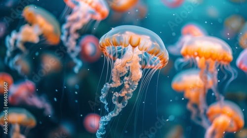 Jellyfish is swimming in the water with blue background. Colorful jellyfish are moving under the sea