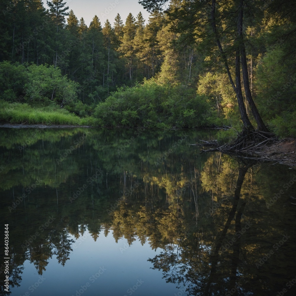 A calm river with reflections of the surrounding forest.
A calm river with reflections of the surrounding forest.