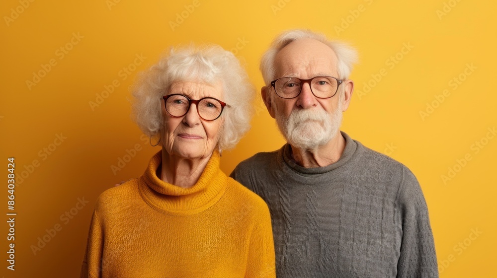 Beautiful happy mature old caucasian 70s senior couple white haired, standing on, background. Copy space