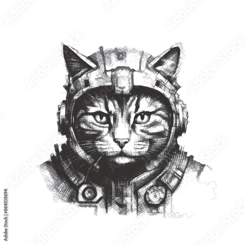 Portrait of a cat face wearing a space suit. Rectangular lines design. Vector illustration. Isolated on white background.