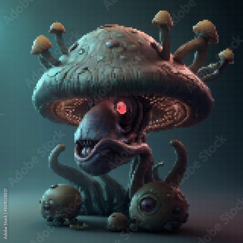 Fantastic mushroom creature. Vector pixelated illustration.