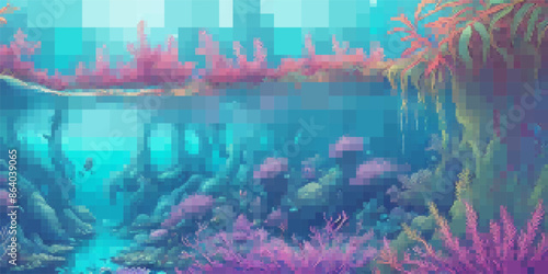 Underwater landscape. Aquatic background. Vector colorful illustration. Rectangular design.