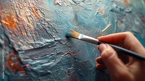 A close-up view of a hand holding a paintbrush as it creates a vibrant, heavily textured abstract painting, focusing on shades of blue and orange colors in this artwork. photo
