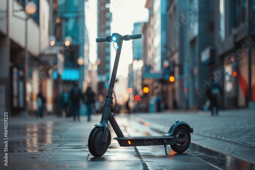 Electric scooter parked on a wet city street, with blurred pedestrians and buildings in the background