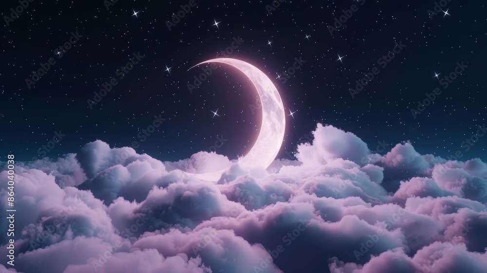 Starry night with a glowing crescent moon above clouds, shining constellations, ethereal and dreamlike, celestial fantasy background Starry night with a glowing crescent moon above clouds, shining constellations, ethereal and dreamlike, celestial fantasy background